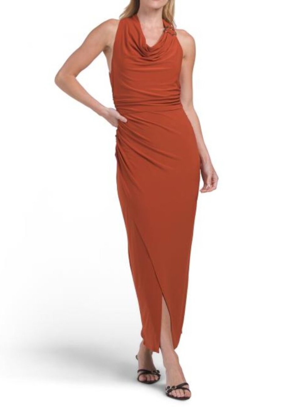 TAYLOR Cowl Neck Hardware Side Drape Midi Dress